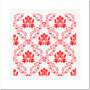 Red damask pattern Posters and Art